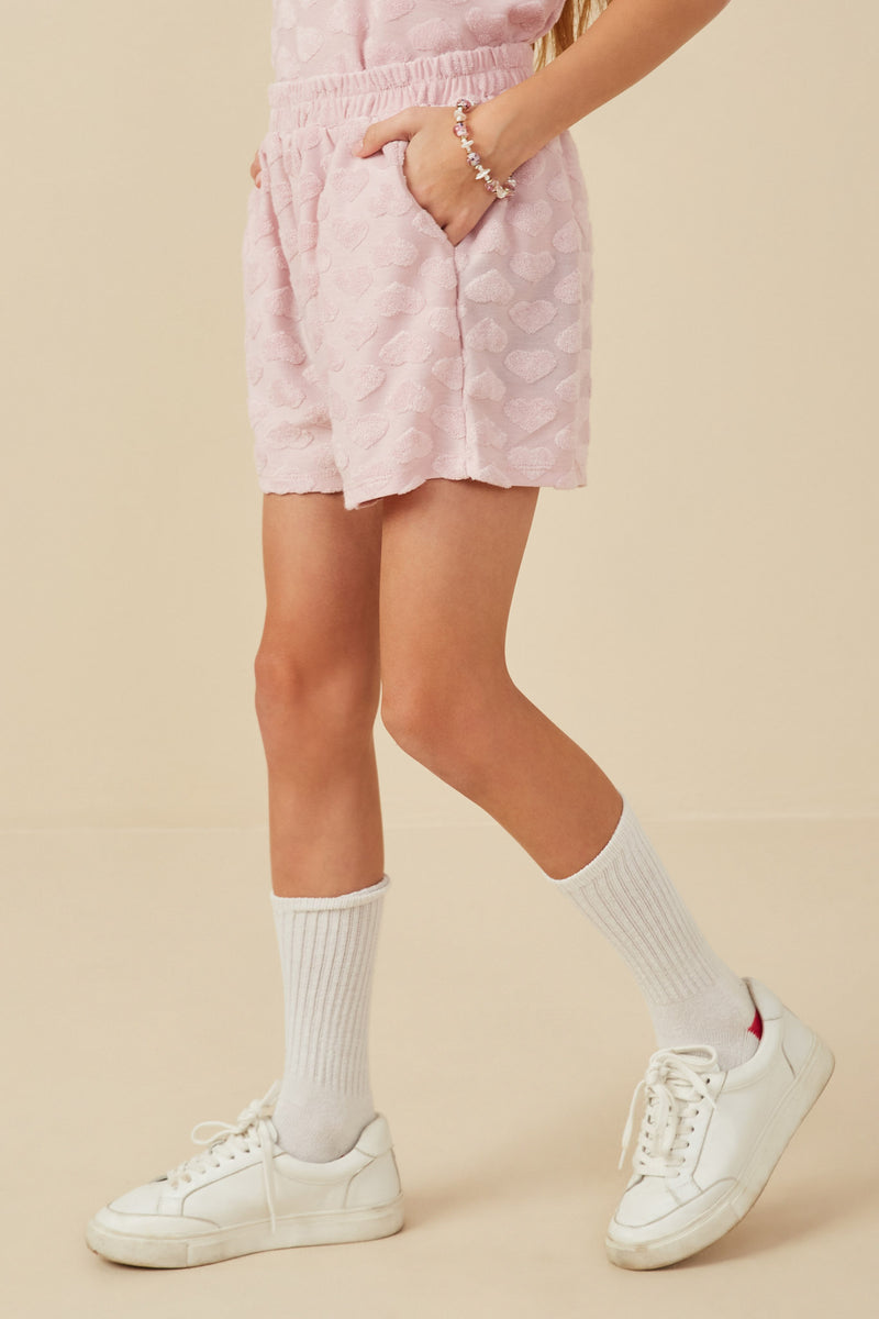 GY8004 Blush Girls Terry Heart Textured Elastic Waist Shorts