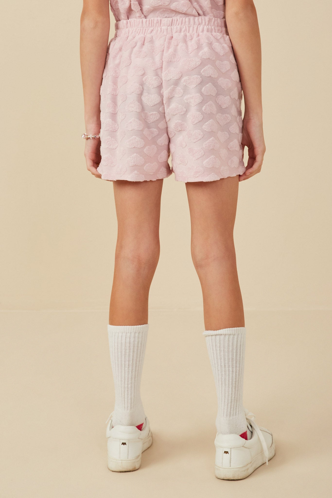 GY8004 Blush Girls Terry Heart Textured Elastic Waist Shorts