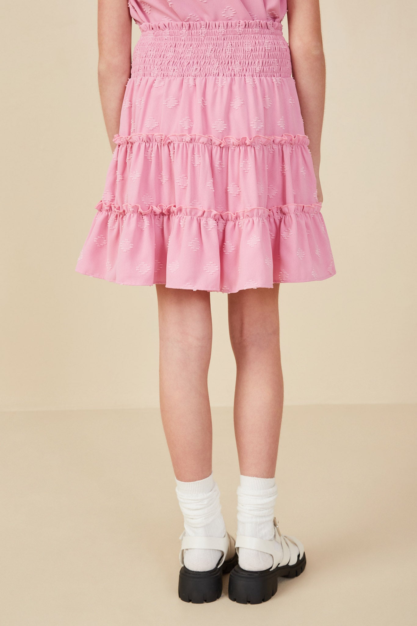 GY8011 PINK Girls Smocked Waist Swiss Heart Tiered Skirt Back