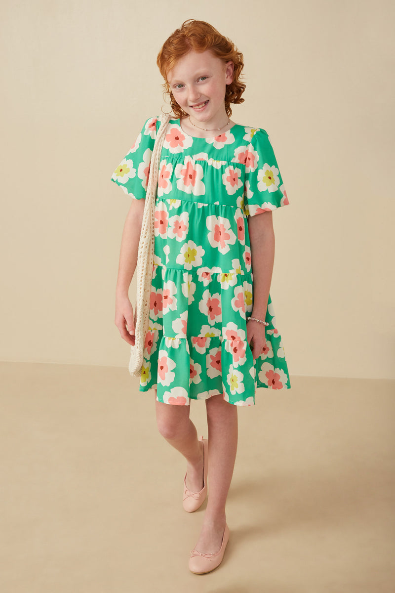 GY8013 Green Girls Floral Puff Sleeve Tiered Dress Pose