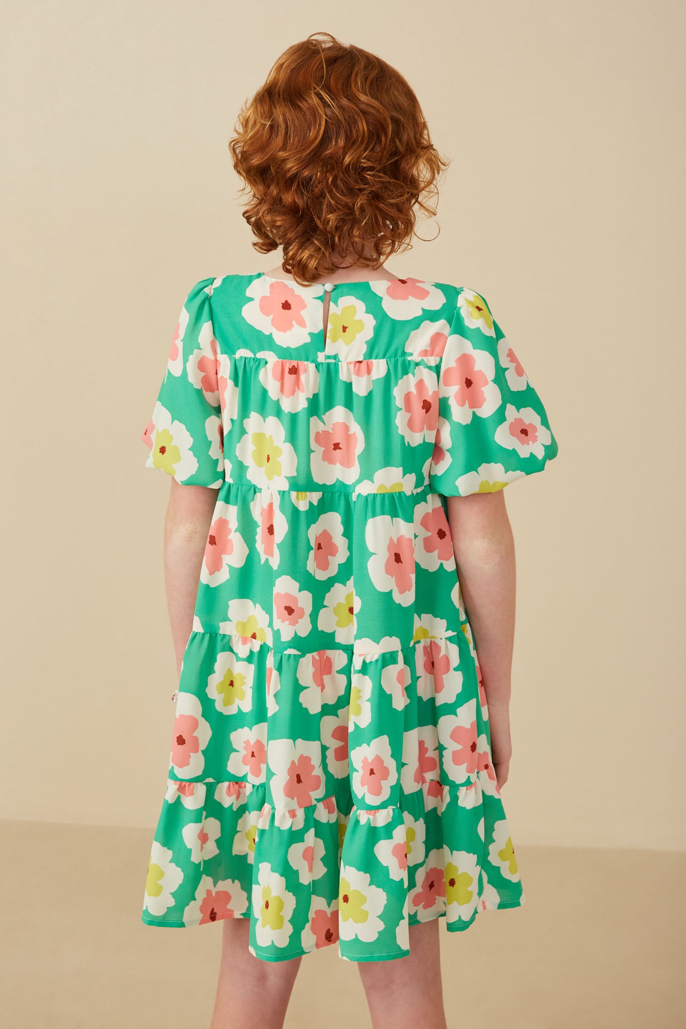 GY8013 Green Girls Floral Puff Sleeve Tiered Dress Back