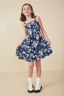 GY8038 Navy Girls Romantic Floral Smocked Bodice Tank Dress Full Body