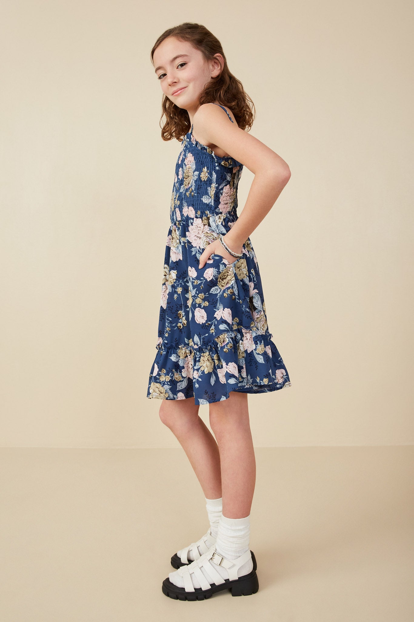 GY8038 Navy Girls Romantic Floral Smocked Bodice Tank Dress Pose 2