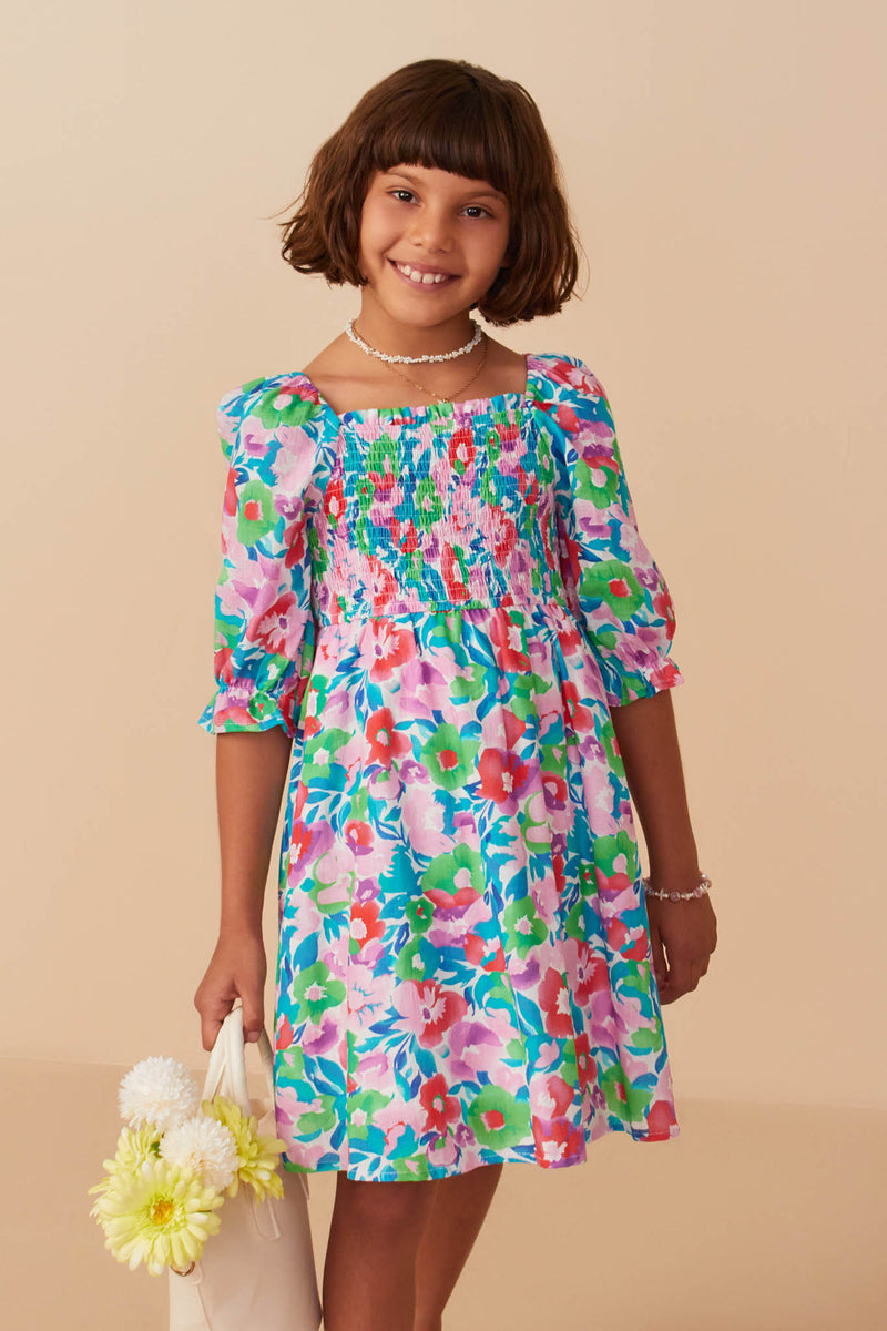 GY8043 Green Mix Girls Vivid Floral Smocked Long Sleeve Dress Front