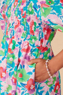 GY8043 Green Mix Girls Vivid Floral Smocked Long Sleeve Dress Detail