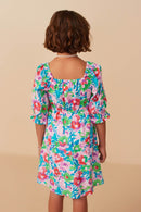 GY8043 Green Mix Girls Vivid Floral Smocked Long Sleeve Dress Back