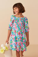 GY8043 Green Mix Girls Vivid Floral Smocked Long Sleeve Dress Front 2