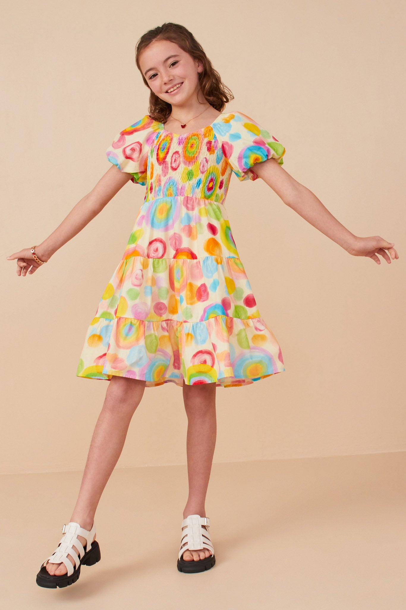 Abstract Print Smocked Satin Dress