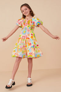 GY8045 Red Mix Girls Abstract Print Smocked Satin Dress Full Body