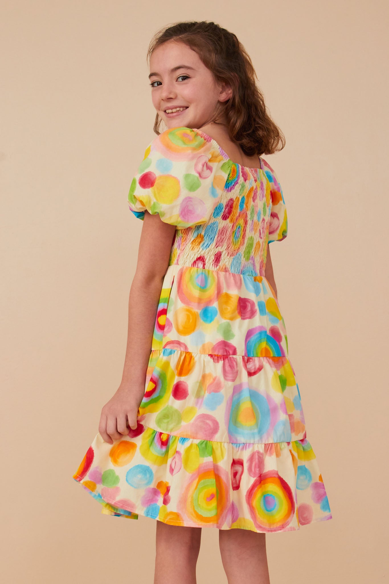 GY8045 Red Mix Girls Abstract Print Smocked Satin Dress Back