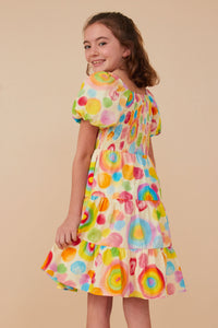 GY8045 Red Mix Girls Abstract Print Smocked Satin Dress Back