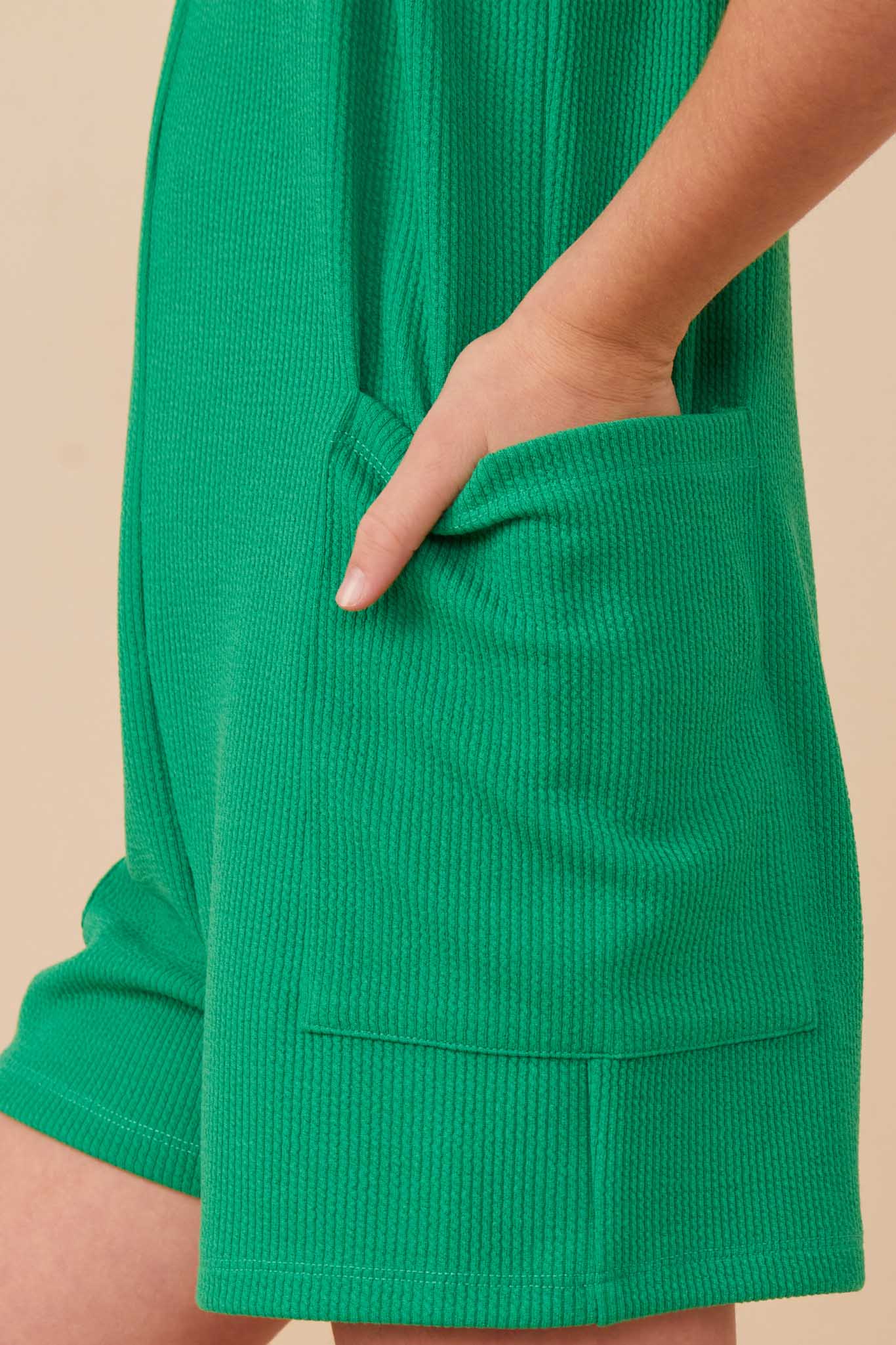 GY8055 Green Girls Cargo Pocket Knit Tank Romper Detail
