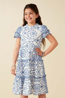 GY8058 Blue Girls Eyelet Lace Scallop Sleeve Midi Dress Front