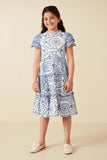 GY8058 Blue Girls Eyelet Lace Scallop Sleeve Midi Dress Pose