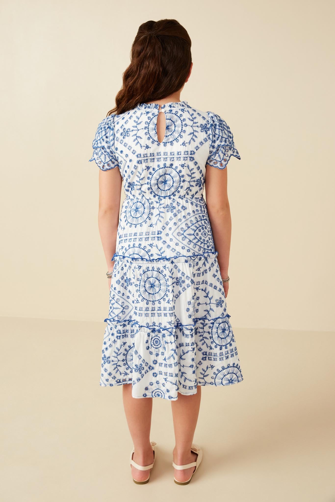 GY8058 Blue Girls Eyelet Lace Scallop Sleeve Midi Dress Back