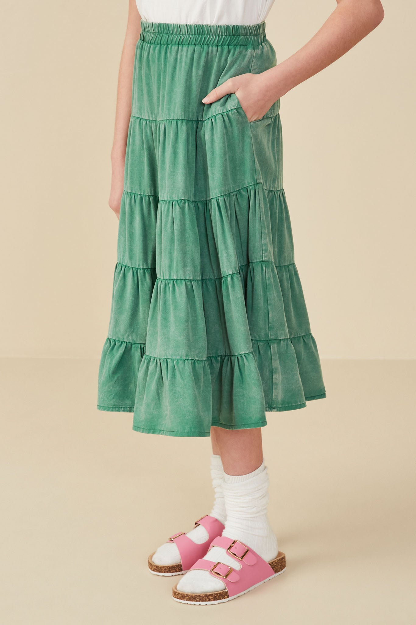 GY8073 Green Girls Two Tone Washed Tiered Skirt Side