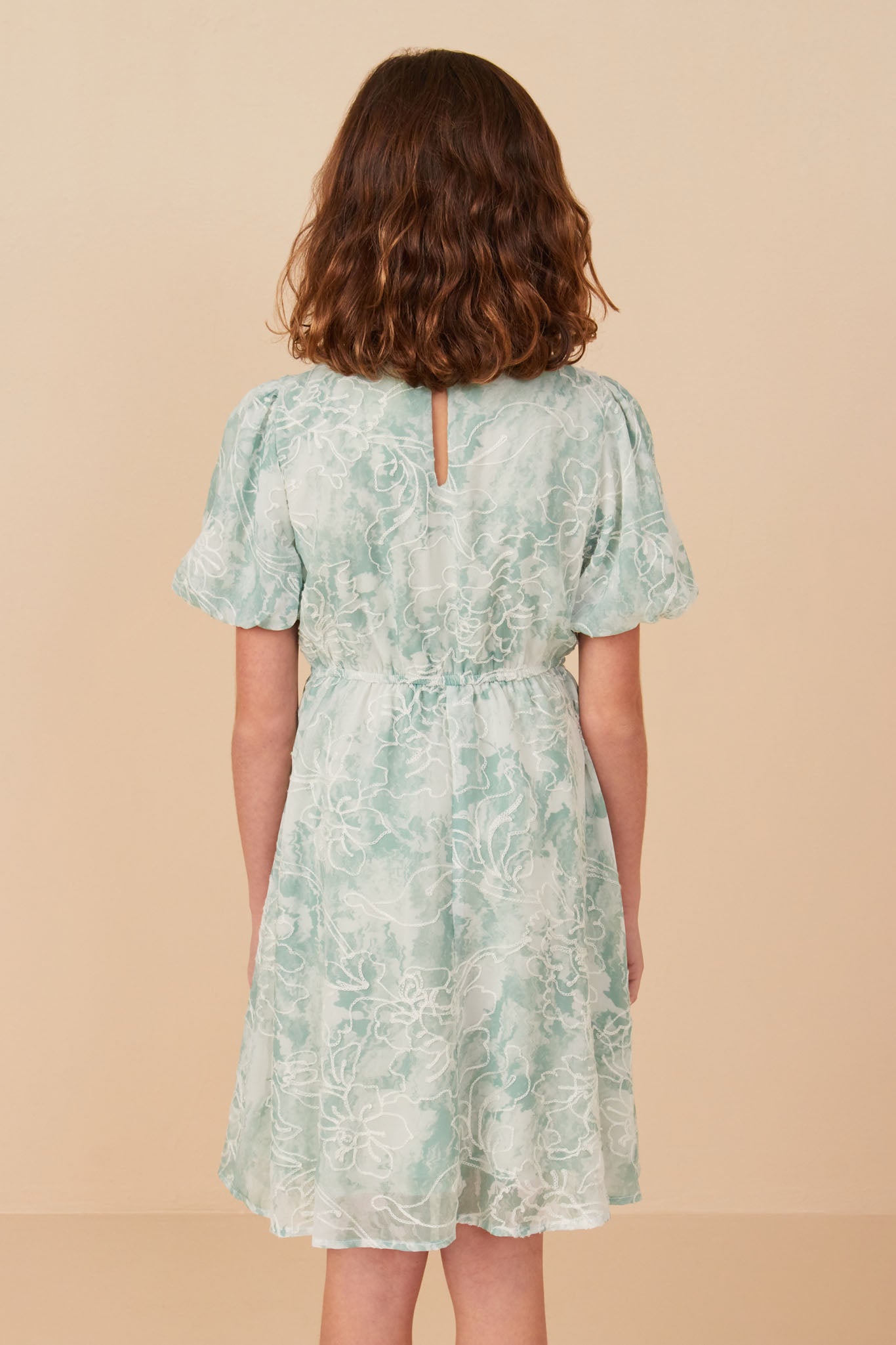 GY8078 Green Girls Floral Textured Printed Mesh Puff Sleeve Dress