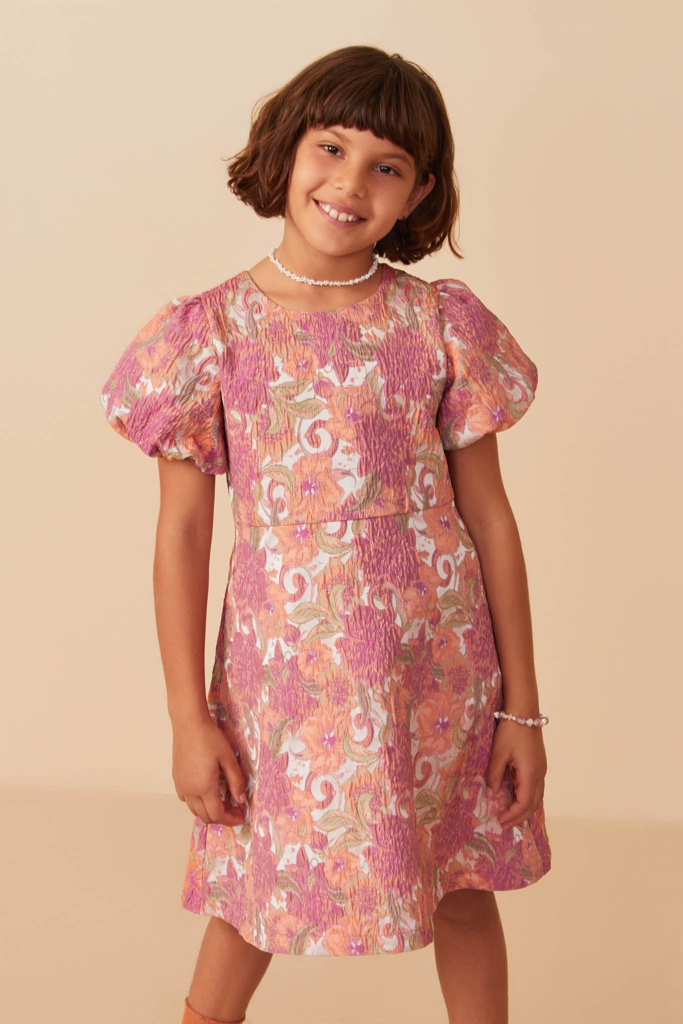 Floral Print Puff Sleeve Jacquard Dress