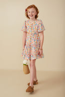 GY8096 Pink Girls Ditsy Floral Ruffle Tiered Button Dress Pose 2