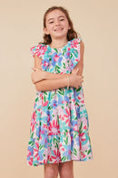 GY8098 Pink Mix Girls Textured Floral Ruffle Sleeved Dress Front
