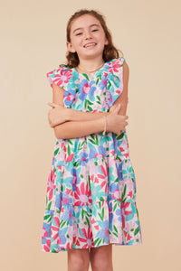 GY8098 Pink Mix Girls Textured Floral Ruffle Sleeved Dress Front