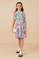 GY8098 Pink Mix Girls Textured Floral Ruffle Sleeved Dress Pose