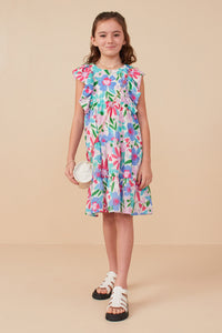 GY8098 Pink Mix Girls Textured Floral Ruffle Sleeved Dress Pose