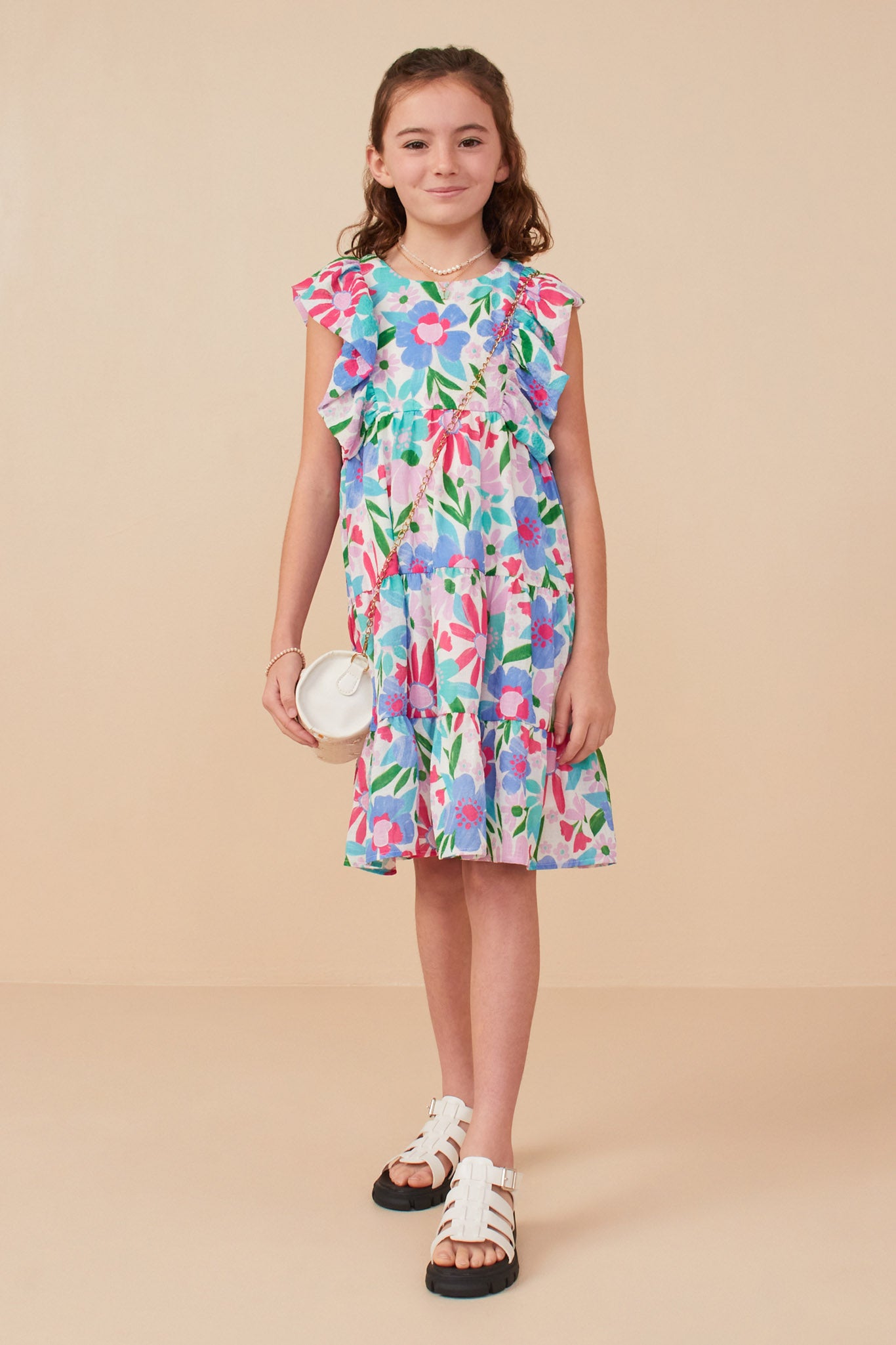 Textured Floral Ruffle Sleeved Dress