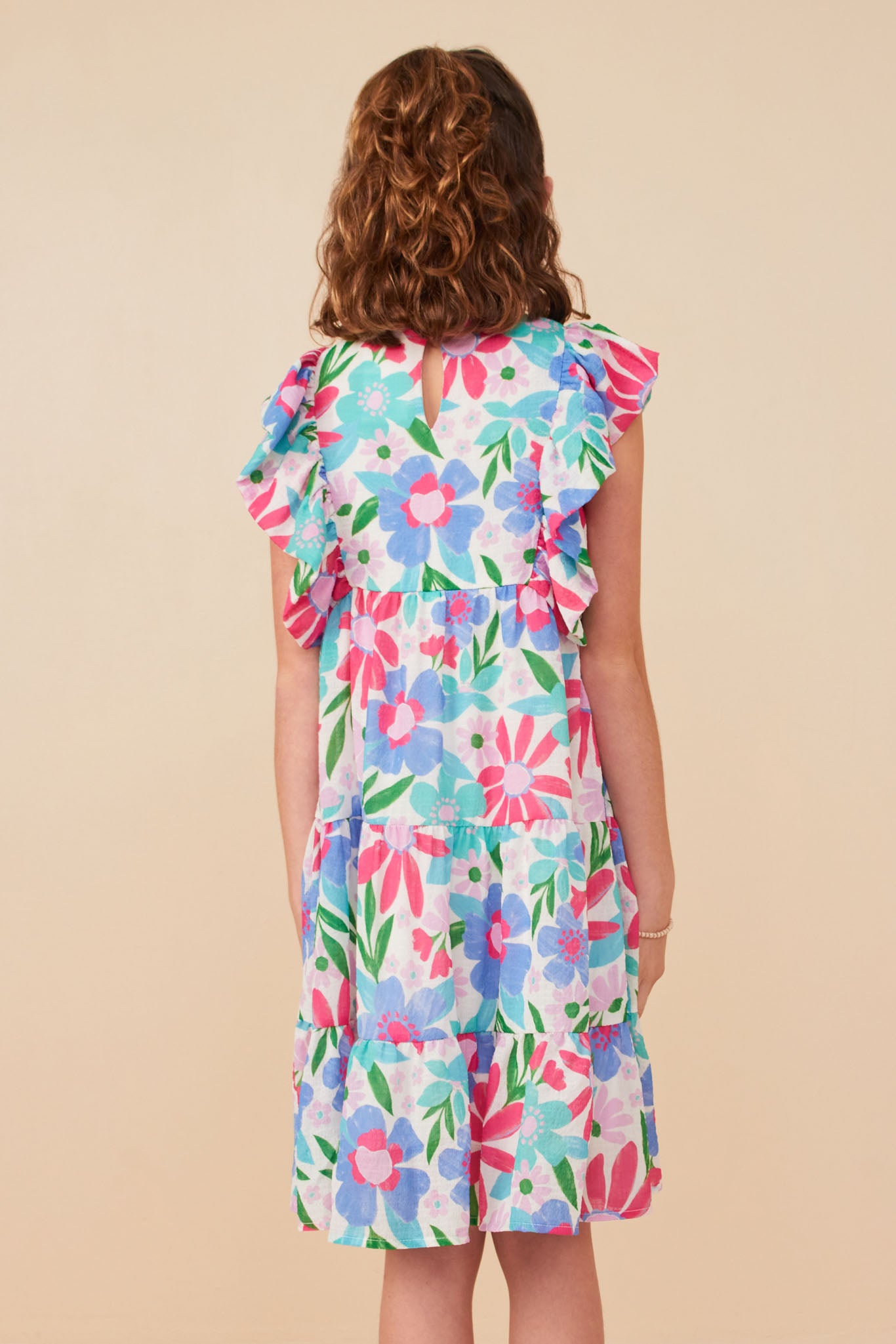 GY8098 Pink Mix Girls Textured Floral Ruffle Sleeved Dress Back