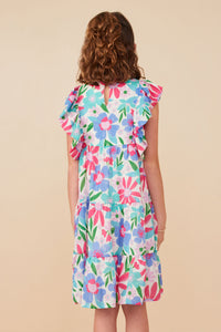 GY8098 Pink Mix Girls Textured Floral Ruffle Sleeved Dress Back