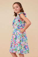 GY8098 Pink Mix Girls Textured Floral Ruffle Sleeved Dress Side