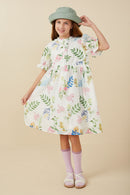 GY8114 Off White Girls Embroidered Textured Botanical Buttoned Dress Full Body