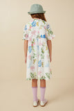 GY8114 Off White Girls Embroidered Textured Botanical Buttoned Dress Back