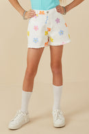 GY8115 White Denim Girls Colorful Floral Print Denim Shorts Front