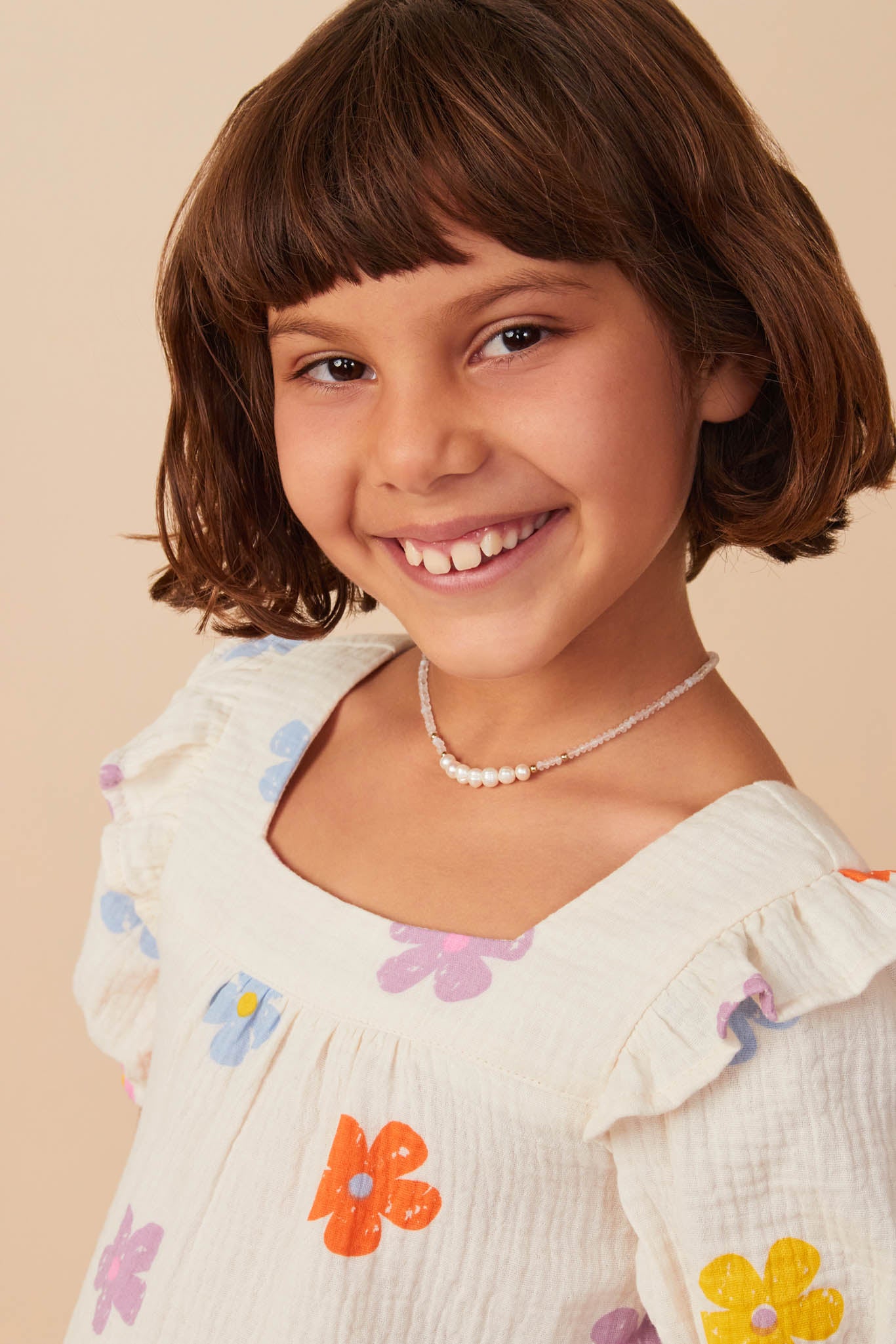 GY8116 Ivory Girls Floral Gauze Textured Square Neck Top Side