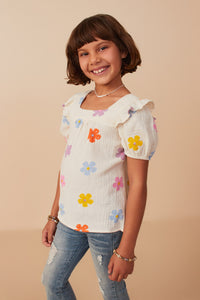 GY8116 Ivory Girls Floral Gauze Textured Square Neck Top Pose