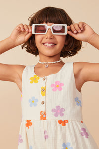 GY8118 Ivory Girls Floral Gauze Textured Tiered Tank Romper Front