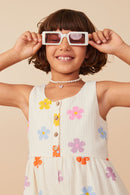 GY8118 Ivory Girls Floral Gauze Textured Tiered Tank Romper Front