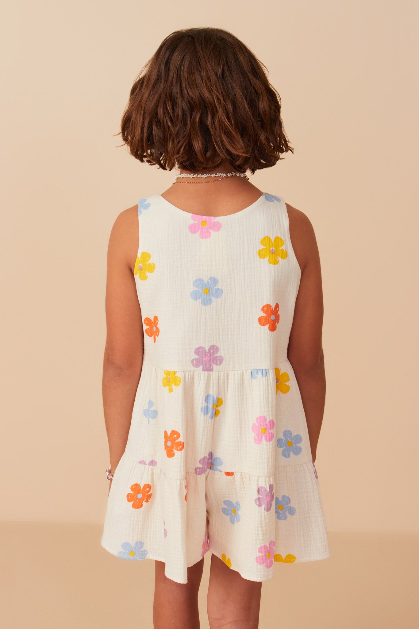 GY8118 Ivory Girls Floral Gauze Textured Tiered Tank Romper Back