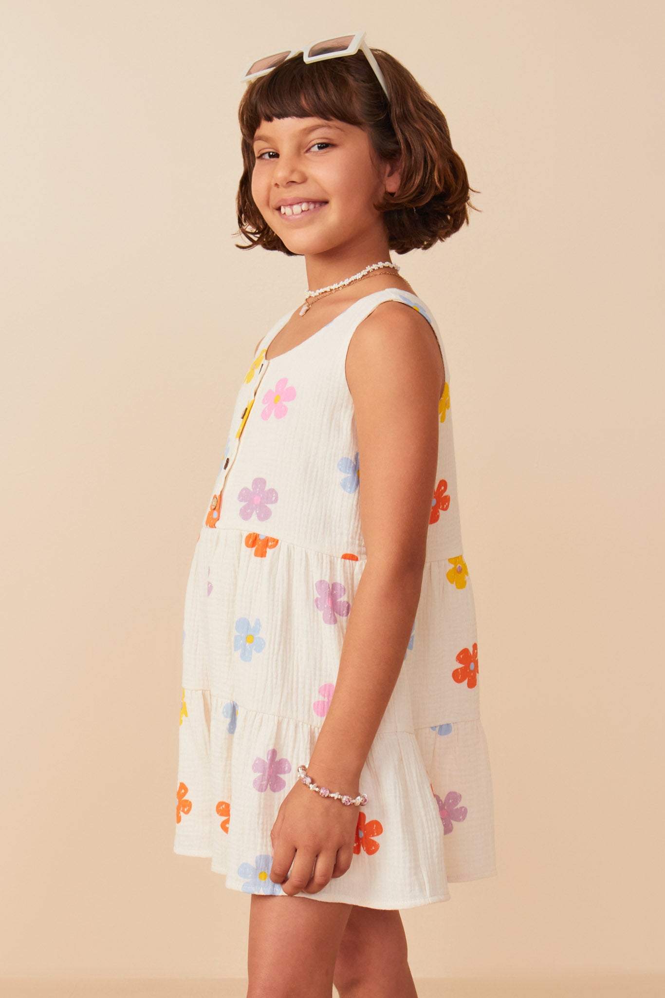 GY8118 Ivory Girls Floral Gauze Textured Tiered Tank Romper Side