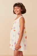 GY8118 Ivory Girls Floral Gauze Textured Tiered Tank Romper Side
