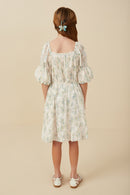 GY8130 Cream Girls Floral Printed Mesh Puff Sleeve Dress Back