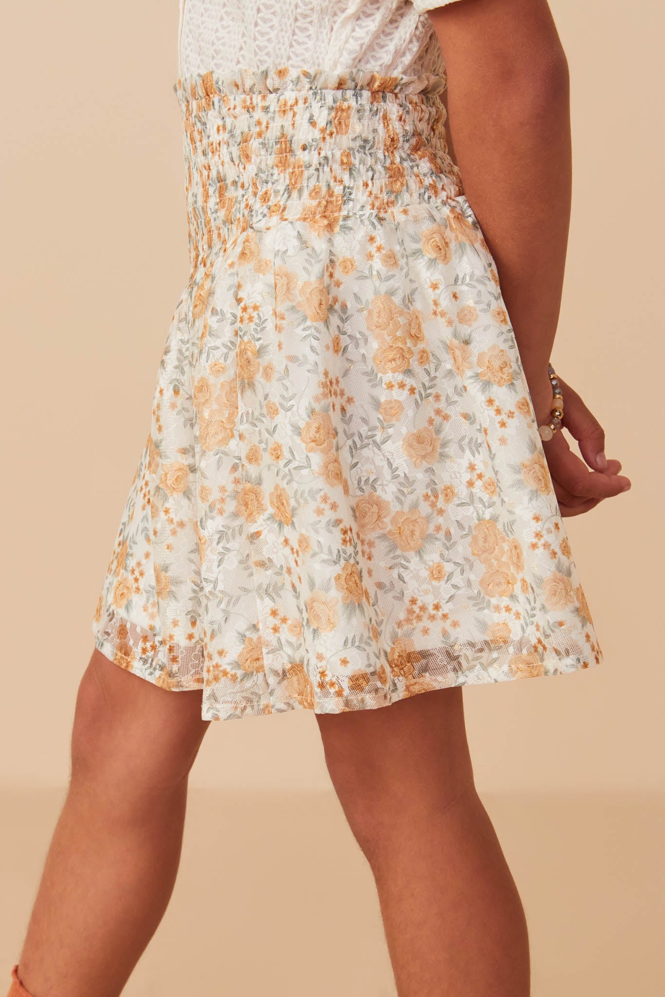 Floral Printed Eyelet Smocked Skirt