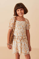 Girls Floral Printed Eyelet Full Smocked Puff Sleeve Top Pose