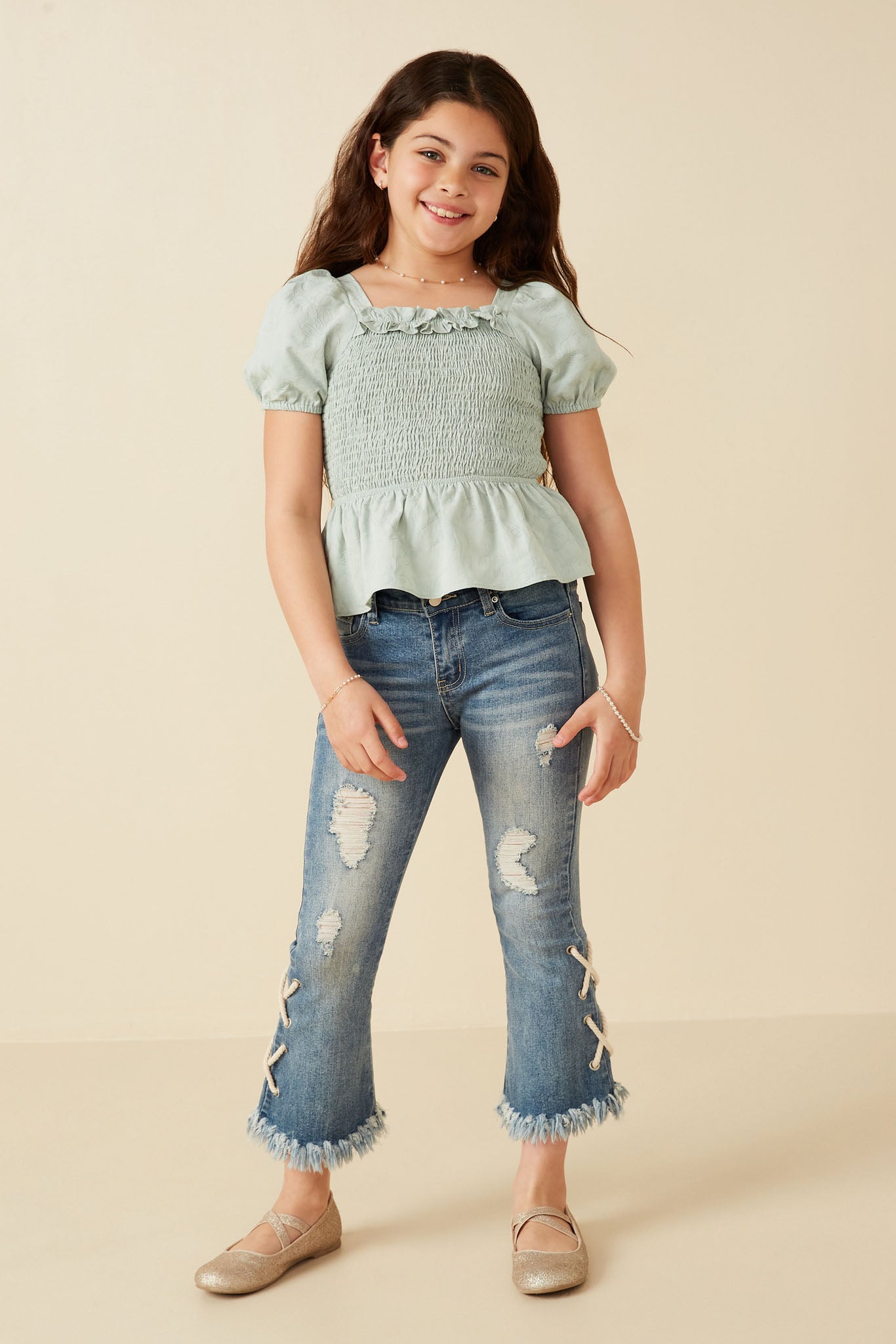 Ruffle Detail Smocked Floral Embroidered Top
