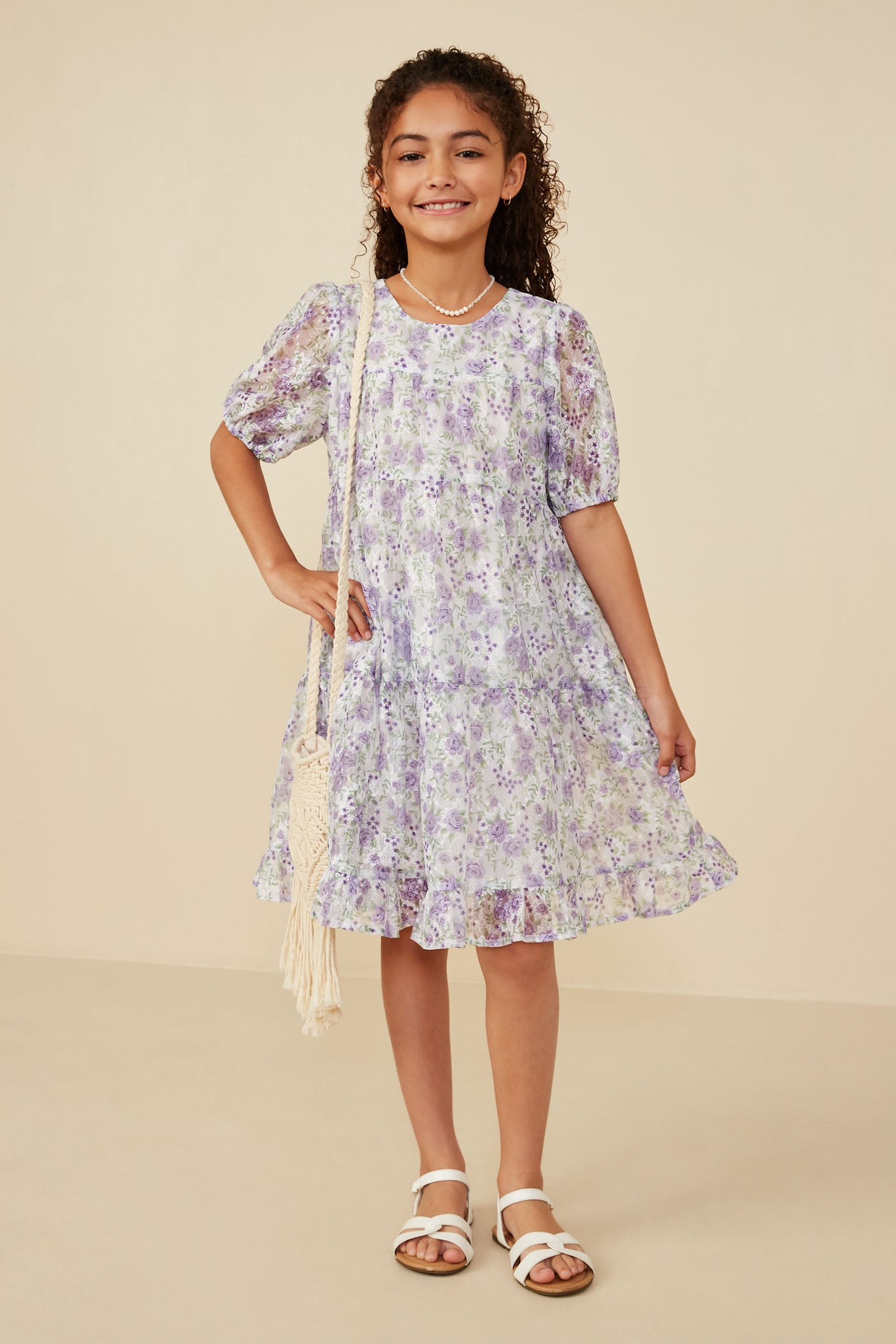lilac floral print high frill neckline pleated dress Ivory/Pink Print / 0