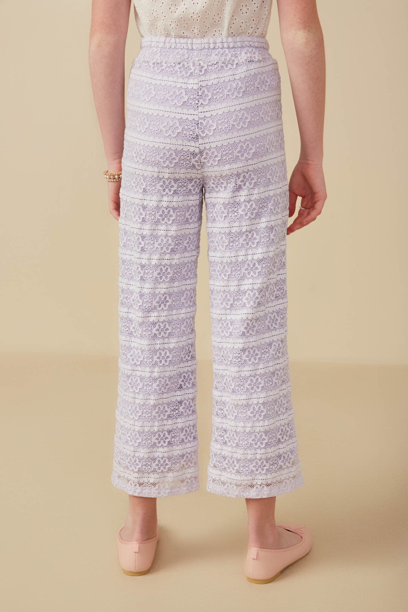 GY8163 Lavender Girls Tassel Tie Stretch Floral Lace Pants