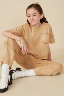 GY8168 Taupe Girls Washed Raw Edge Detail Pocket T Shirt Pose