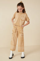 GY8168 Taupe Girls Washed Raw Edge Detail Pocket T Shirt Pose 2