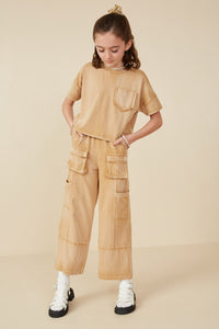 GY8168 Taupe Girls Washed Raw Edge Detail Pocket T Shirt Pose 2